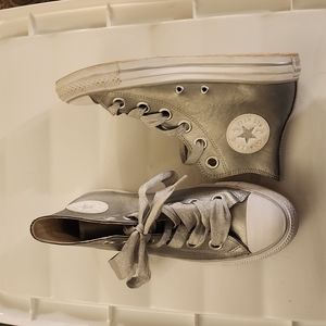 Metallic Faux Leather Silver Converse High Tops with sparkle laces